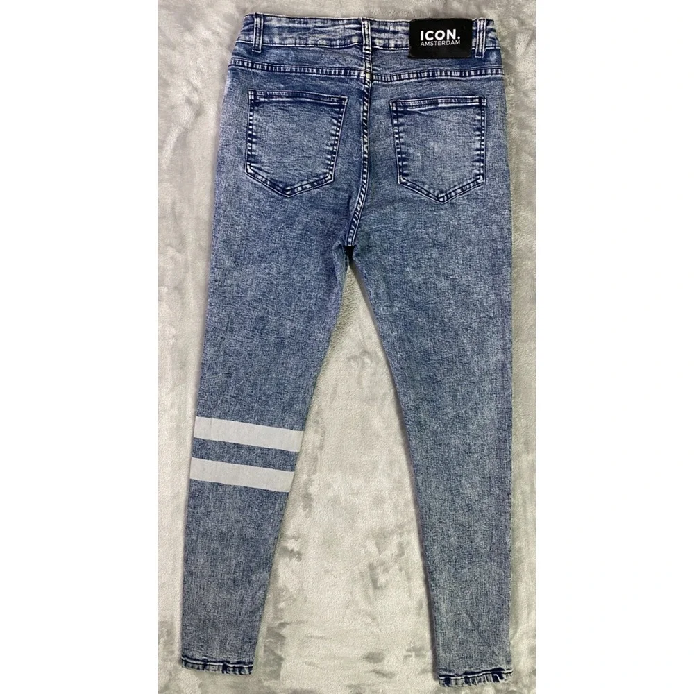 Icon‎ Amsterdam The Glitch Skinny Jeans Men 32 Blue Acid Wash Distressed Stripes